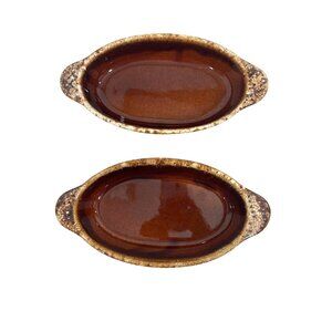Vintage Hull Pottery Brown Drip Oval Au Gratin Casserole Baking Dishes Set of 2
